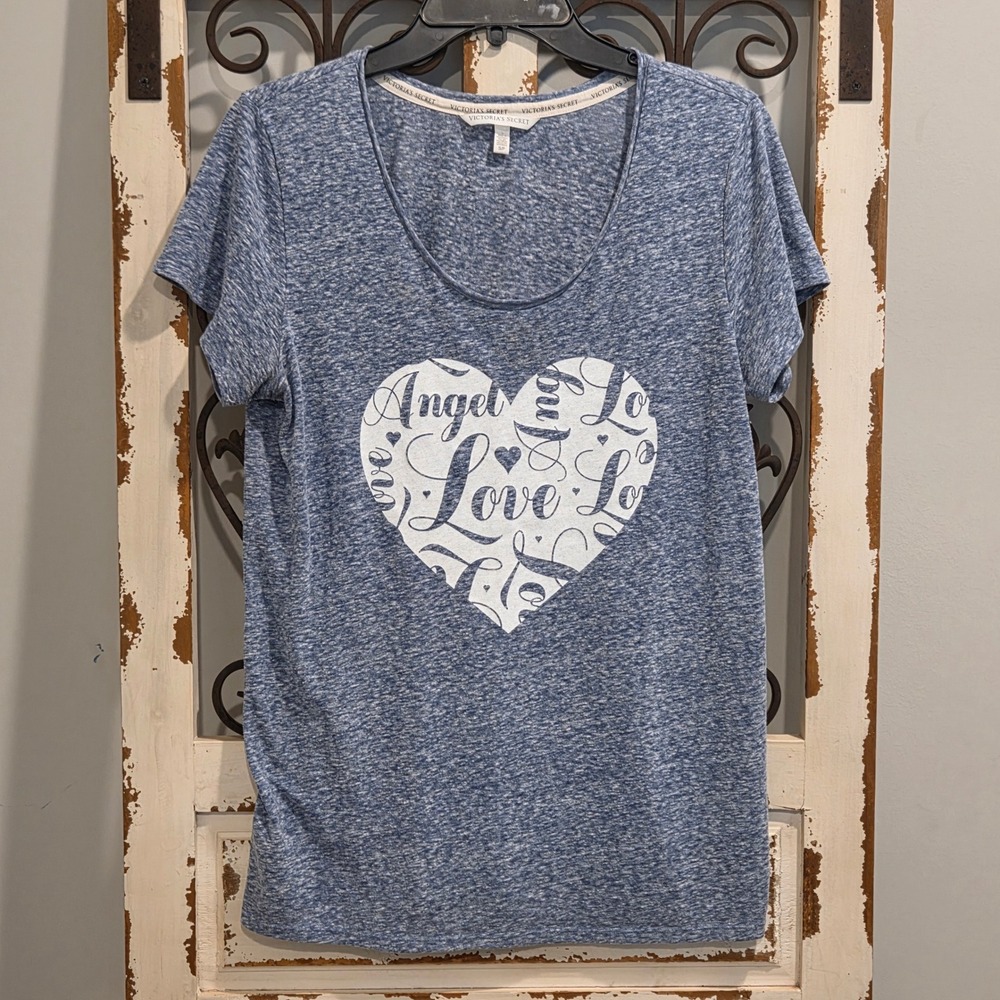 Victoria's Secret Blue Heathered Heart Graphic Scoop Neck Tee Shirt Small